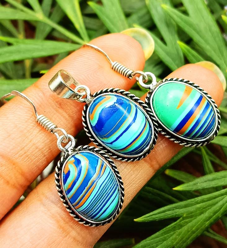 Positive Blue Calsilica Gemstone 925 Sterling Silver Plated Unisex Earring & Pendant Set OM-72