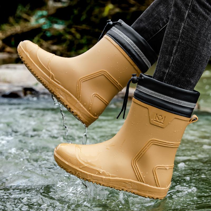 Water Shoes Rain Shoes Men's Medium Tube Waterproof Mouth Elastic Bundle Rubber Shoes Rider Velvet Warm Rain Boots