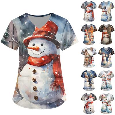 Рабочая форма больших размеров с принтом, топы для женщин, забавные футболки с короткими рукавами и v-образным вырезом с принтом, рабочая одежда, футболка с карманами