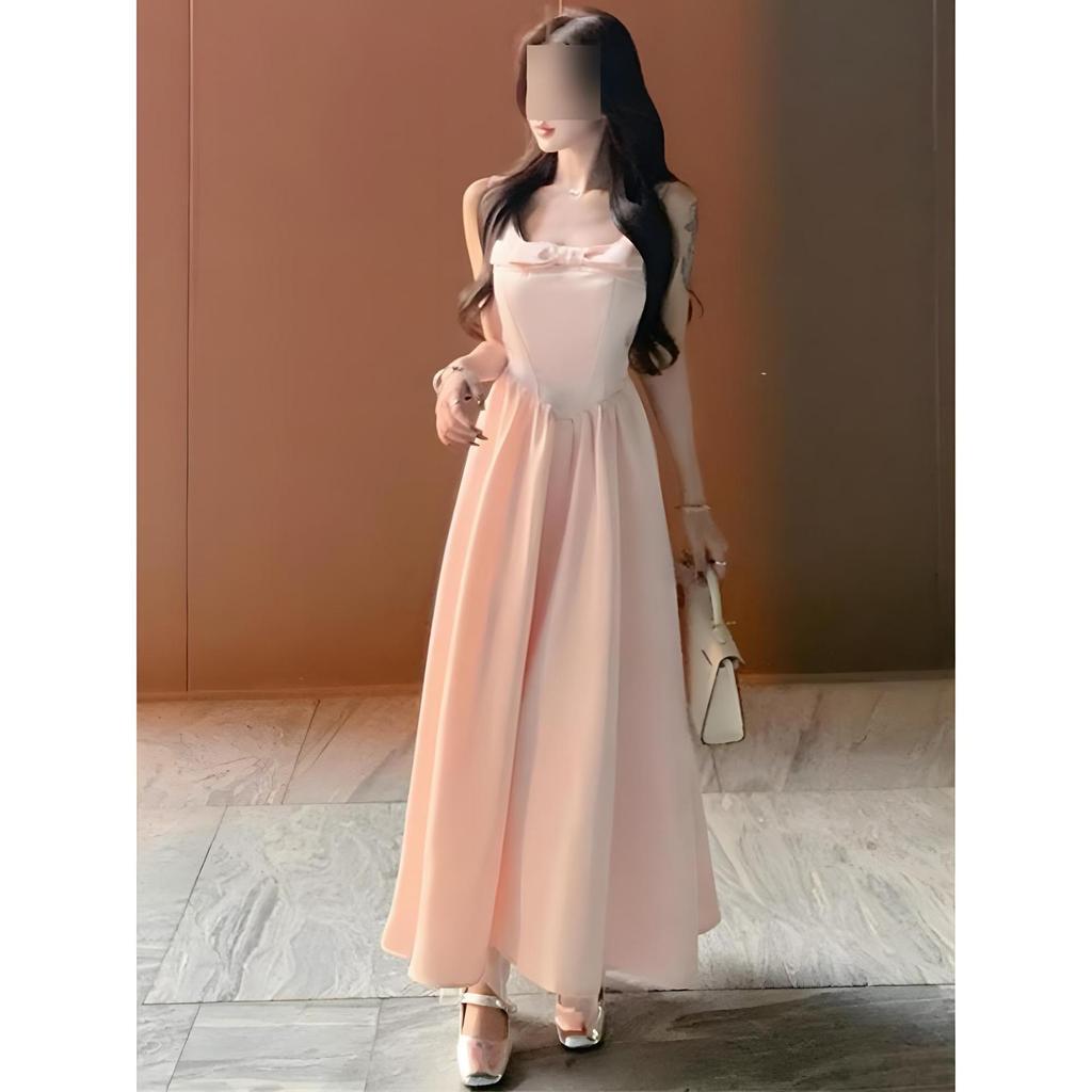 Девочковый стиль носить розовое платье на подтяжках с бантом нежный и универсальный темперамент талия платье на день рождения платье новое