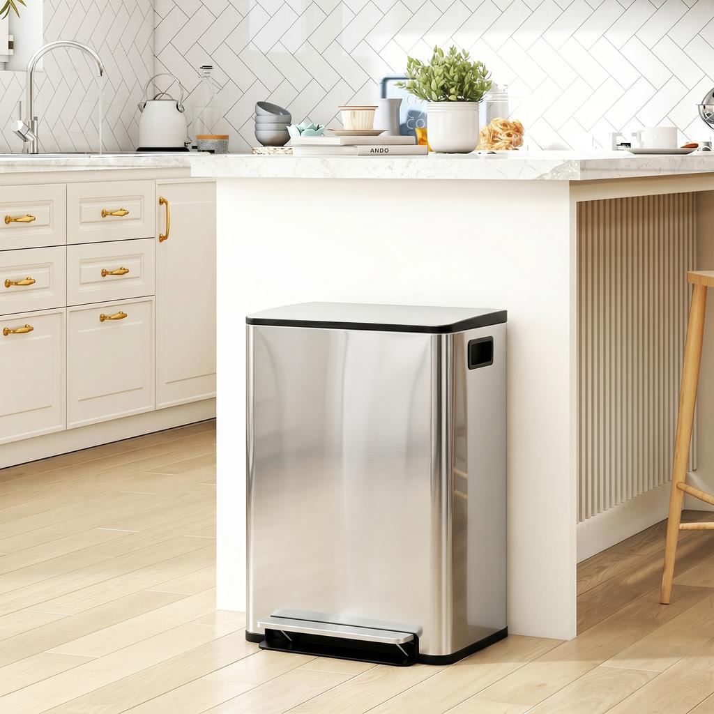 60L Dual Compartment Stainless Steel Bin, with Deodoriser Holders - Silver Tone