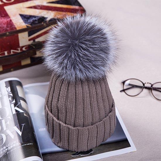 Detachable Faux Mink Silver Fox Fur Ball Cap Pom Poms Winter Hat for Women Girl 's Hat Knitted Beanies Cap