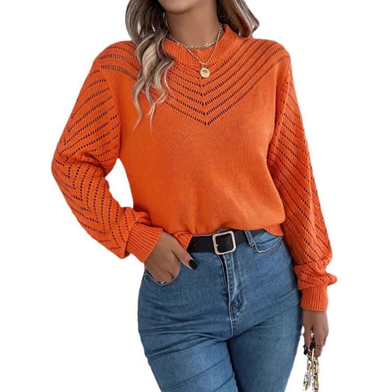 Elegant Round Neck Hollow Out Long Sleeve Pullover Sweater Women 2025 Fashion Sweet Autumn and Winter Casual Knitted Tops Solid Color Office Clothing