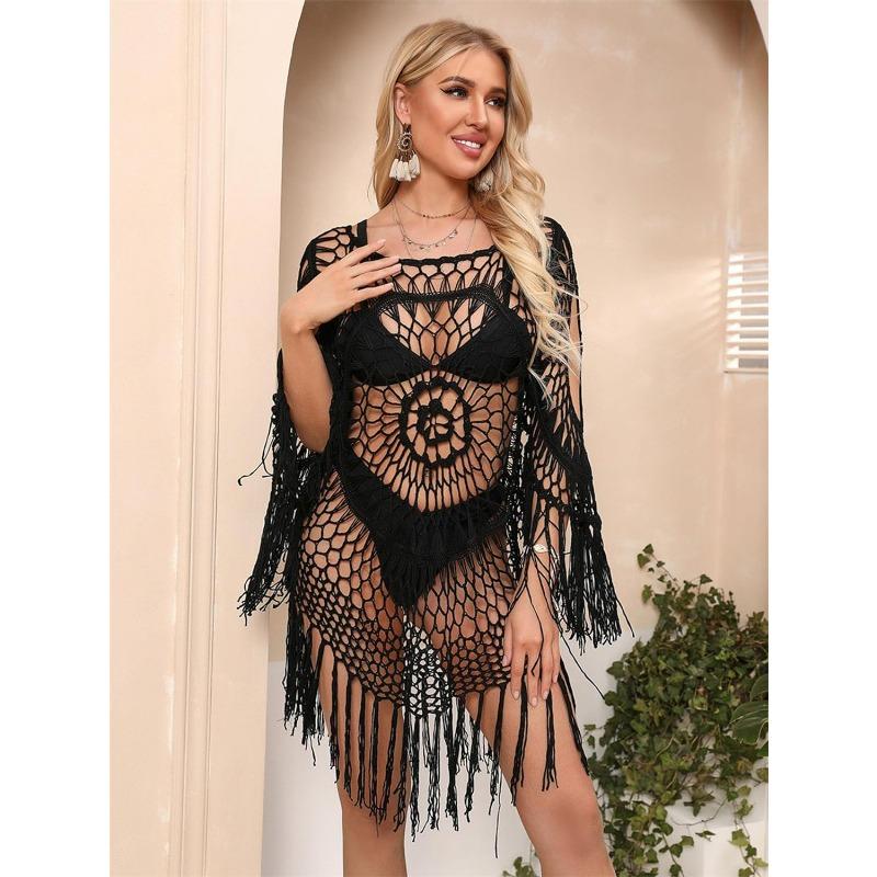 1 Pcs Swimsuit Coverup for Women Sexy Sheer Mesh Boho Design Tassels Beach Bikini Swimsuit Cover Up Dress