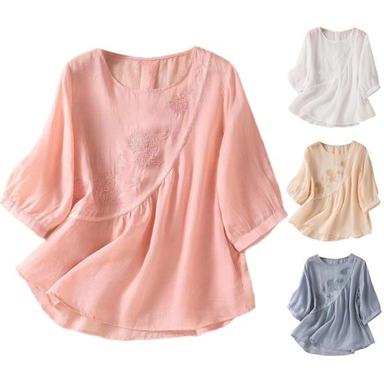 Женская повседневная рубашка с рукавом три четверти, асимметричный подол, вышитый цветочный узор, круглый вырез, однотонный топ