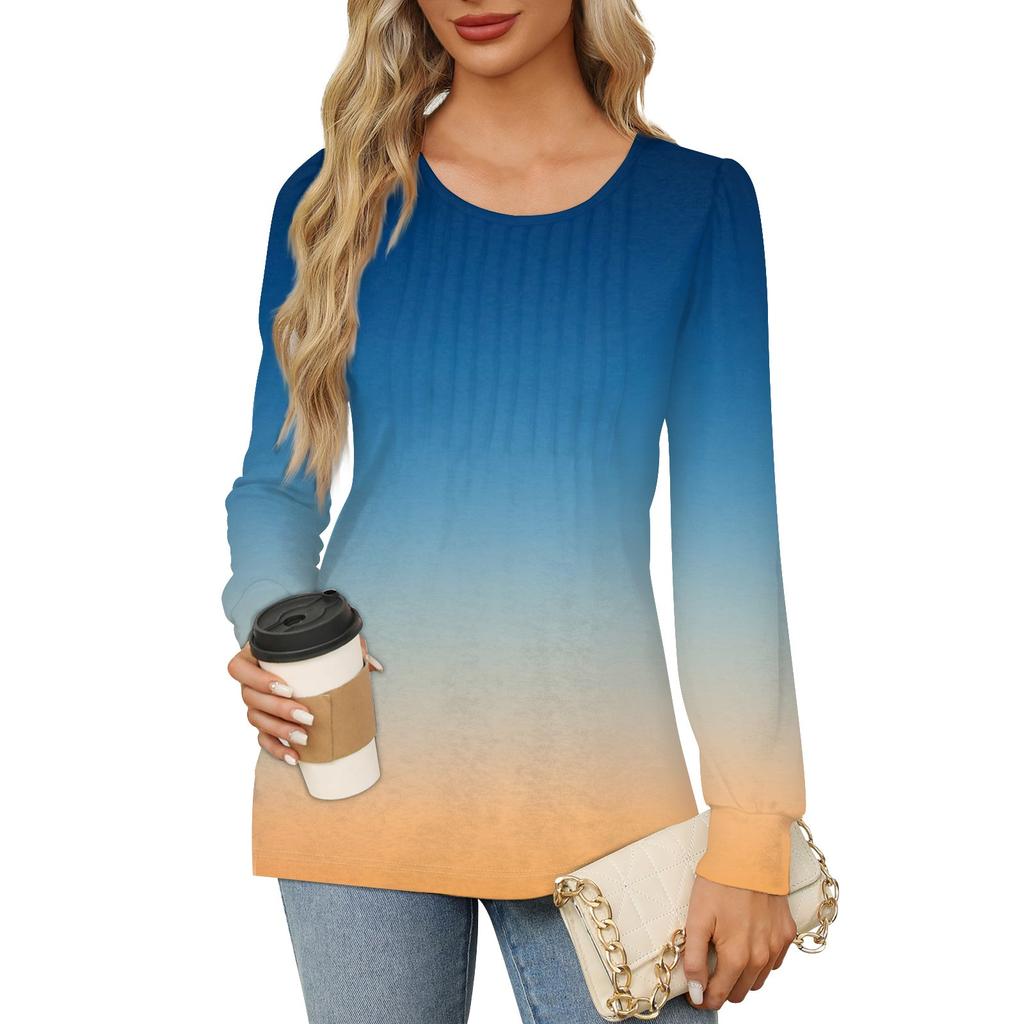 Женская повседневная плиссированная футболка с круглым вырезом и длинными рукавами с градиентным принтом