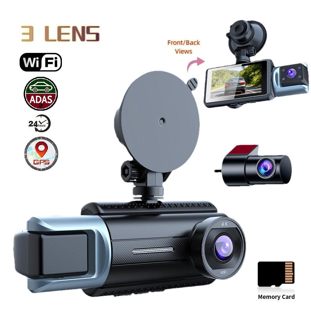 3-Channel 4K Dash Cam - Triple Recording, Night Vision, Wide Angle, WiFi, Phone Sync, Parking Monitor