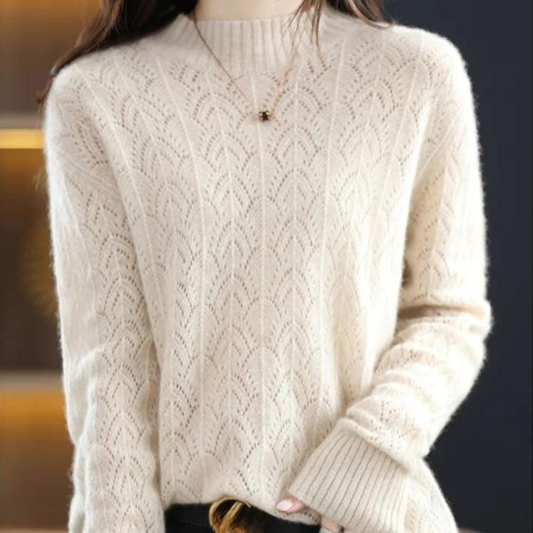 Spring Autumn Mock-neck Pullover Sweater for Women Hollow Out Knitwear Jumpers Female Pull Femme Top