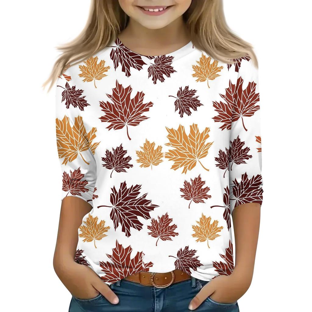 Топы с принтом для девочек 5-16 лет с круглым вырезом и рукавами 3/4 Футболки Модные топы Наряды Футболки