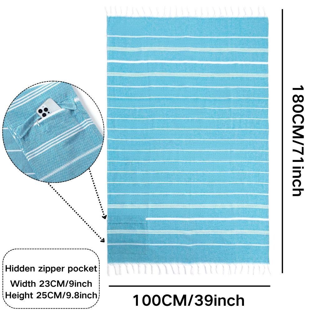 Хлопковое полосатое пляжное полотенце с кисточками и потайным карманом на молнии - Быстросохнущее и впитывающее