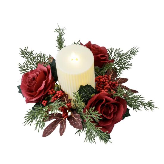 Искусственный цветок свеча кольцо венок ручной работы пластиковый подсвечник малиновые розы ягоды