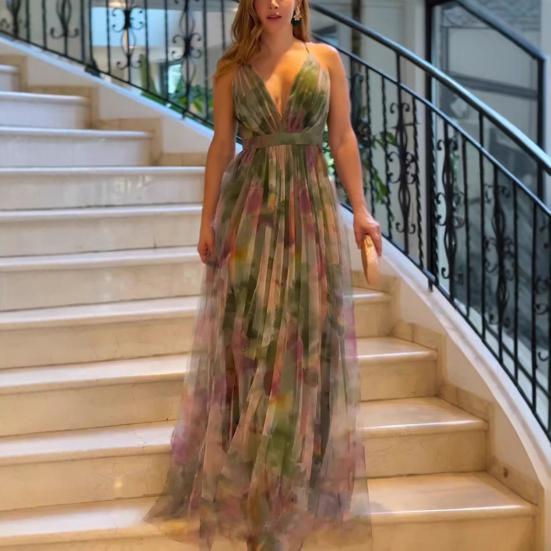 Women's Mesh Spaghetti Strap Maxi Dress Deep V Neck Backless Evening Dress Floral Printed