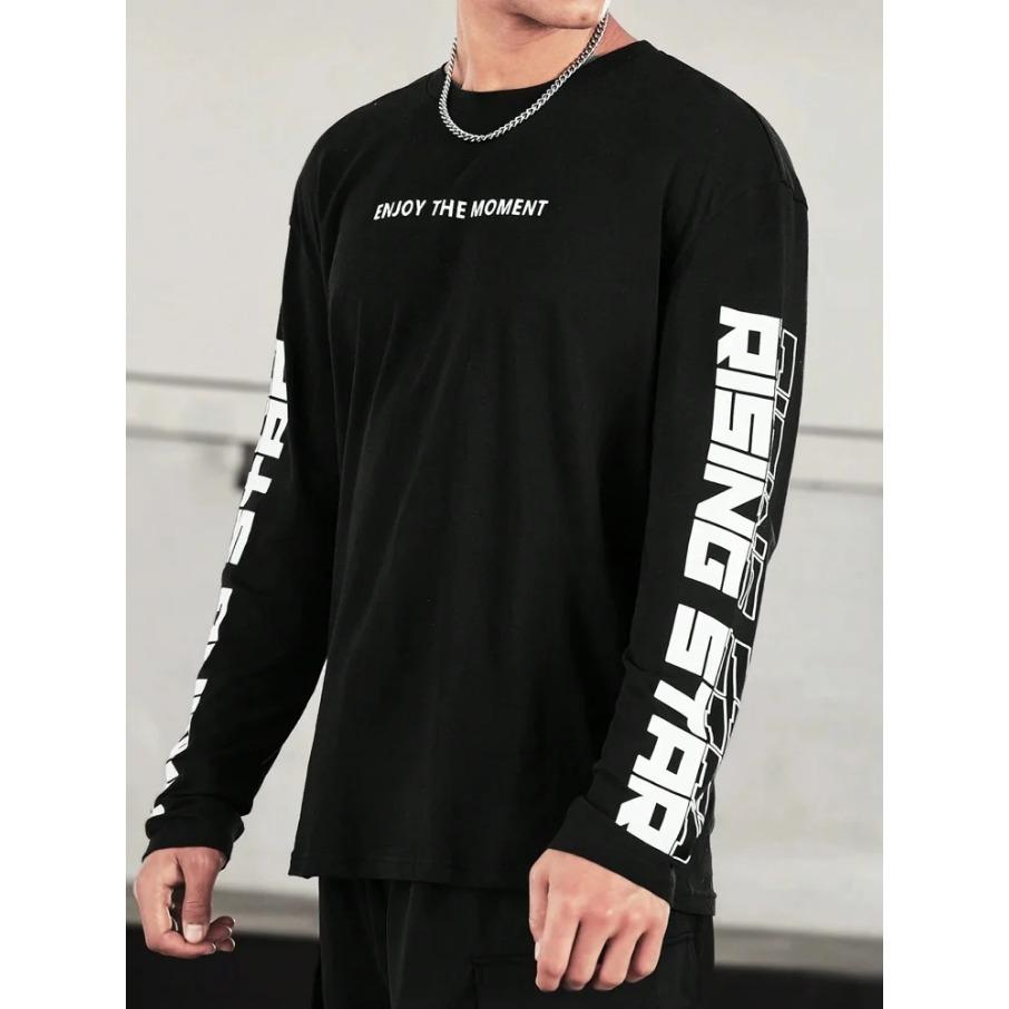 Simple Letter Tree Print Autumn Fashion Crewneck Men's Long Sleeve T-shirt Outdoor Street Fashion Top Everyday Casual Comfort