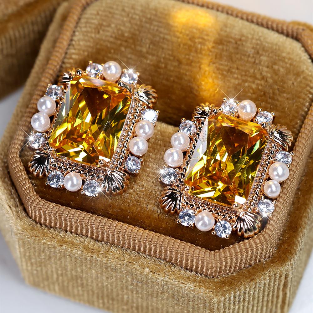 Elegant Yellow Cubic Zircon Square Stud Earrings for Women Shiny Crystal Bride Wedding Party Earrings Jewelry