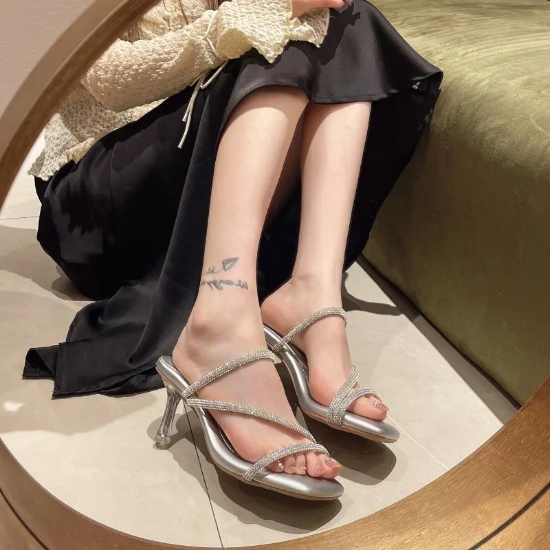 Мода 2024 года, новые женские туфли на высоком каблуке со стразами, летняя мода, сексуальные вечерние женские туфли, открытые тапочки Zapatos Mujer