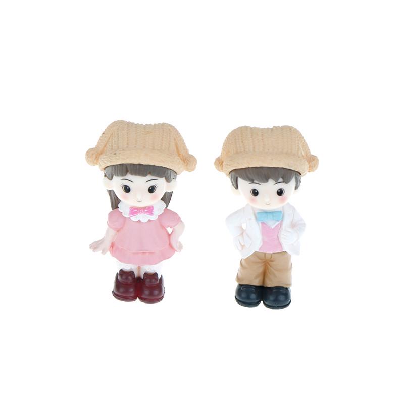 2PCS Exquisite Figurine Fairy Garden Decor Micro Landscape Decoration Couple with Hat Resin Miniature