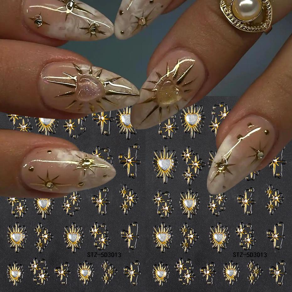 Xiaomi 2pcs Shiny Y2K Golden Heart Star With Rhinestones 3D Nail Art Stickers Decals Adhesive Sliders Nail Charms Decorations Manicure