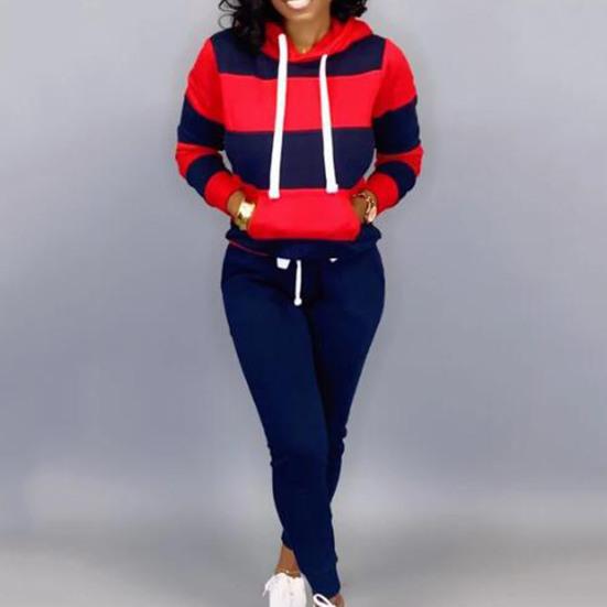 2 Pcs/Set Women Hoodie Pants Set Elastic Waist Striped Color Matching Hooded Long Sleeves Warm Drawstring Plus