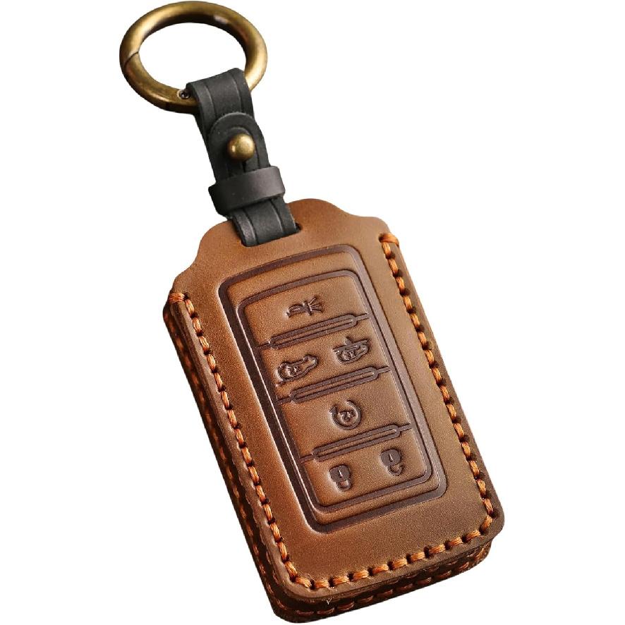 Vintage Leather Key Fob Cover Case for Jeep Grand Cherokee Wagoneer 2024 2025 2026, Handmade Crazy Horse Leather, Brown