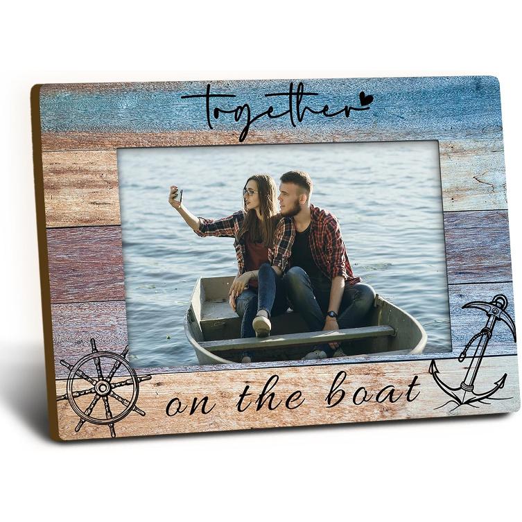 Together on the Boat 4x6 Picture Frame, Boat Lovers Captain Owner Gifts Wooden Picture Frame, Boating Gifts for Women Men, Nautical Anchor Rudder