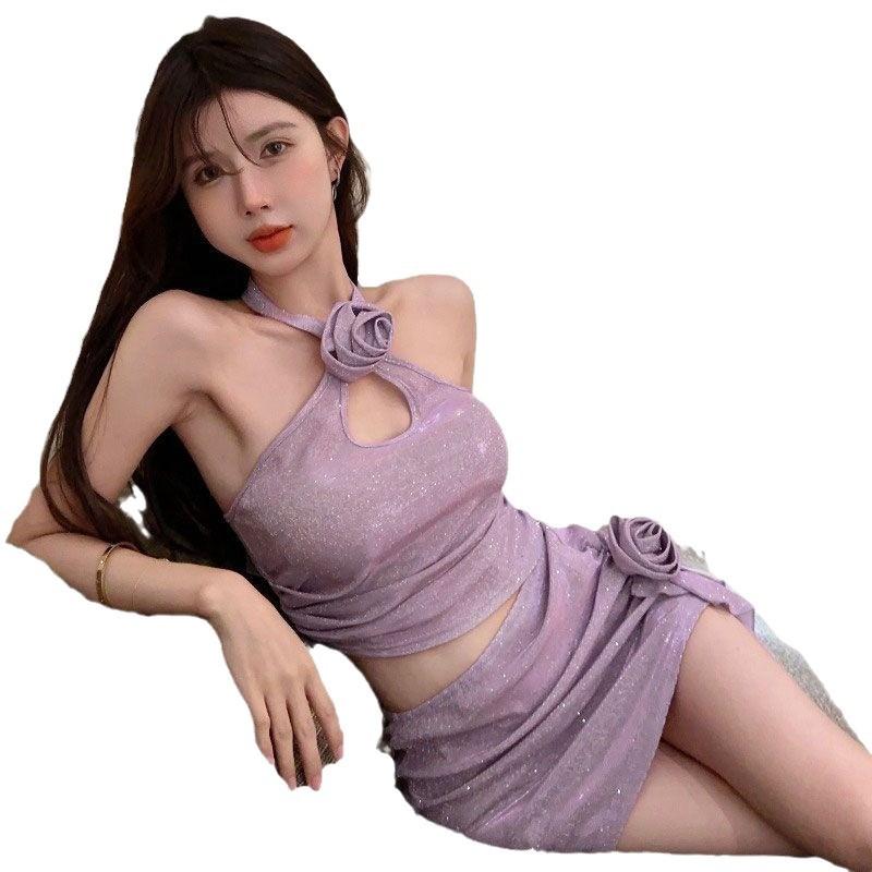 Internet celebrities sexy sweet three-dimensional flowers hollow and thin neck split skirt three-piece swimsuit women soak in hot springs