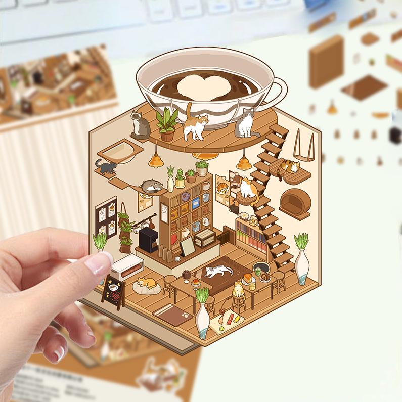 Cartoon Landscape Stickers Multiple Miniature World 3D Hut Unzip DIY Scene Manual Post
