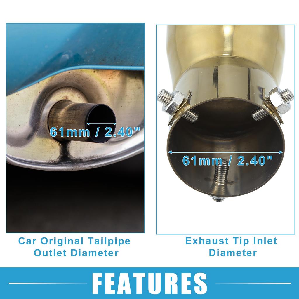 ABSOPRO Car Curved Exhaust Tip 61mm 69x61mm 190mm Muffler Stainless Gold Tone Heart-Shaped Tailpipe, Inlet, Outlet, Length, Bolt-On Tip, Steel,