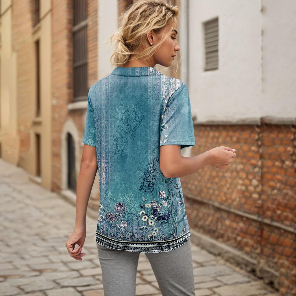 Женские футболки с коротким рукавом, плиссированные, с V-образным вырезом, с принтом, с воротником, летние топы, модные, деловые, повседневные, рабочие