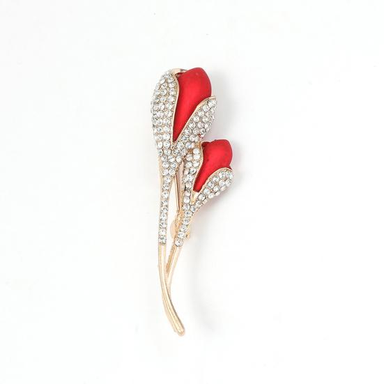 Женская брошь с лацканами, красный тюльпан, декор со стразами, воротник костюма, воротник формального случая, булавка для офисной одежды, вечерние ювелирные изделия для выпускного вечера