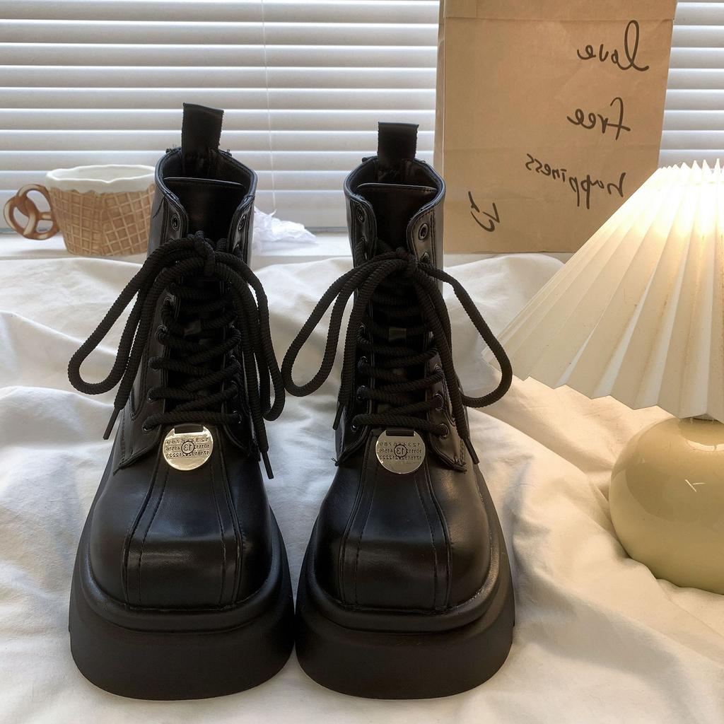 Martin Boots Women's Autumn New Spice Girl Square Head Big Head Lace-up Thick Sole Heightening Autumn and Winter Velvet Boots