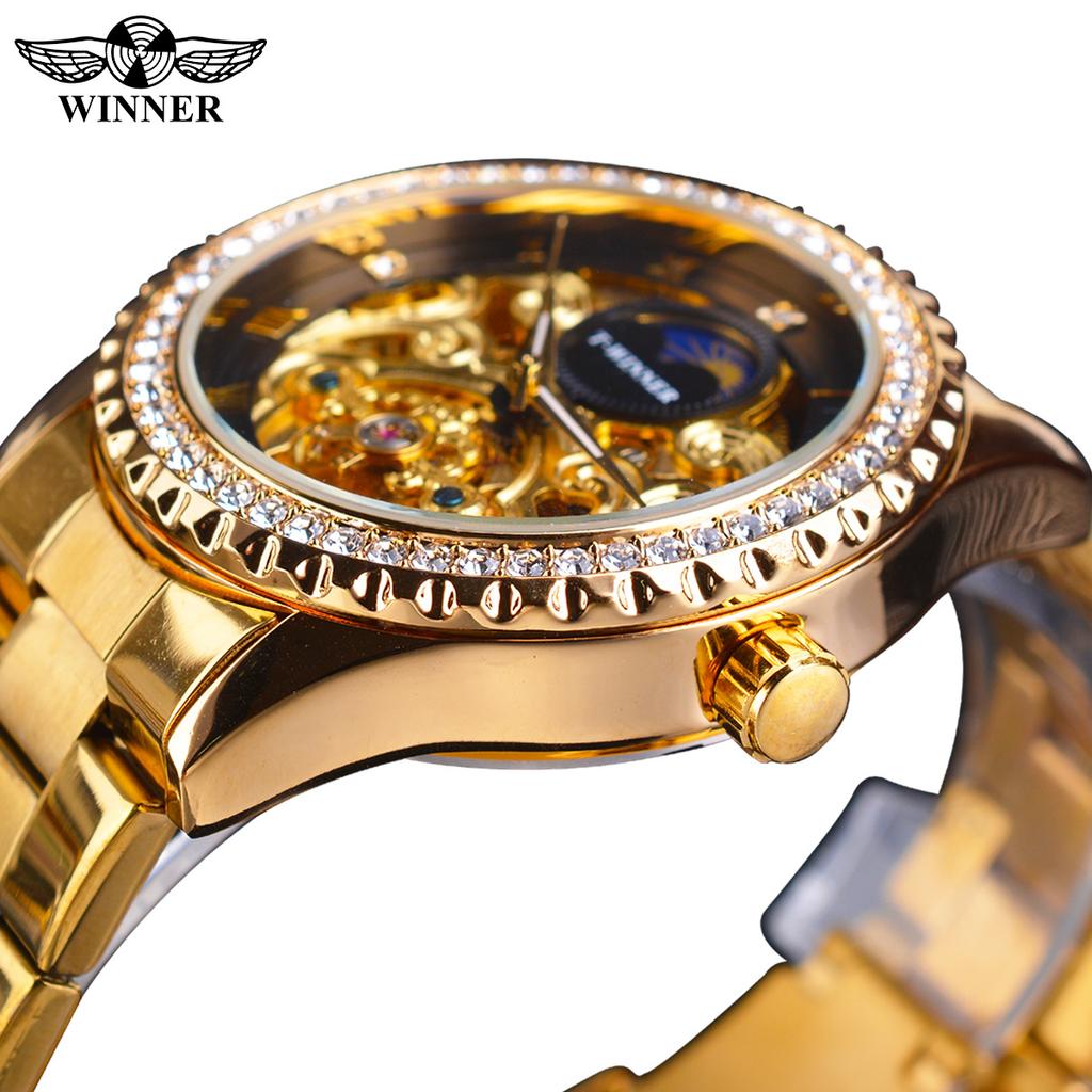 Gold Wristwatches Moon Phase Design Luxury Retro Style Diamond Mechanical Watch Stainless Steel Bracelet Skeleton Tourbillon Men Automatic Watches