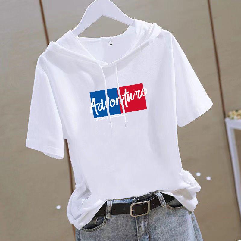 Women's Short Sleeve Hooded T Shirt Loose Fit Summer Casual Slimming Youthful White Top