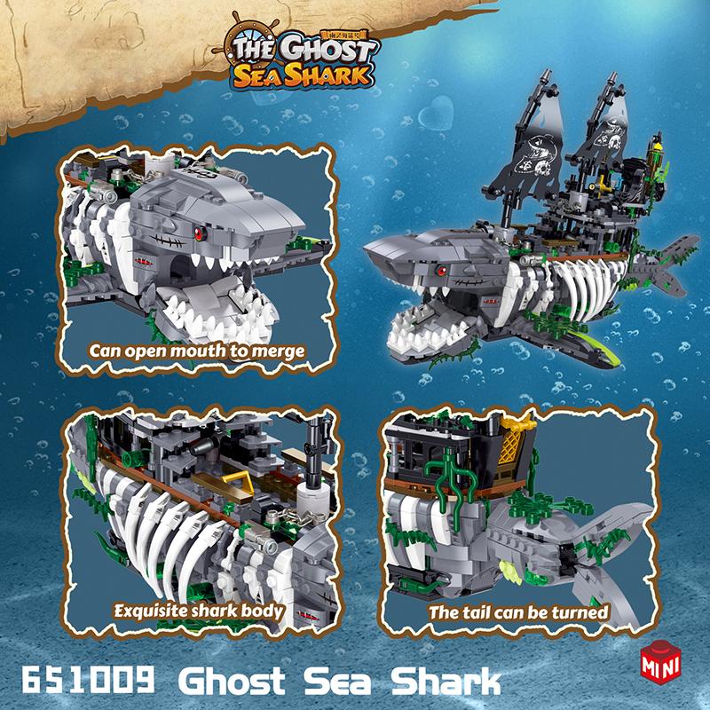 non-toxic 1155PCS Shark Pirate Ship Building Blocks Creative Sea Shark Ghost Ship Model Bricks With Light Kids Educational DIY Toy Gifts