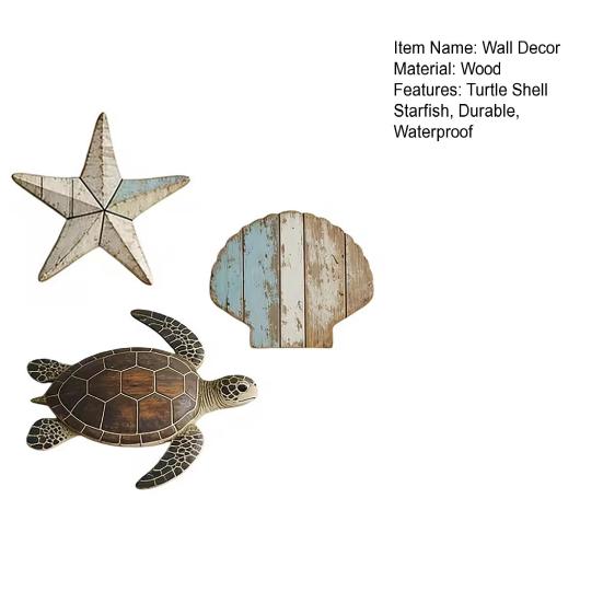 3Pcs Turtle Shell Starfish Wall Decoration Distressed Seaside Wood Wall Art Coastal Beach House Decor Waterproof Bathroom Bedroom Hanging