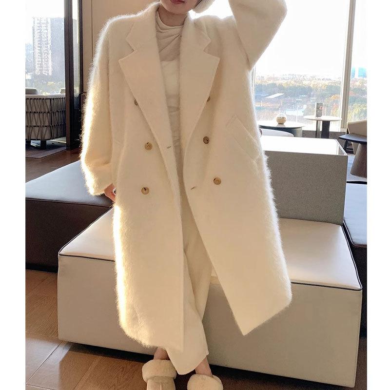 Пальто из шерсти кашемира с начесом, женский силуэт, двубортное белое свободное пальто средней и длинной длины