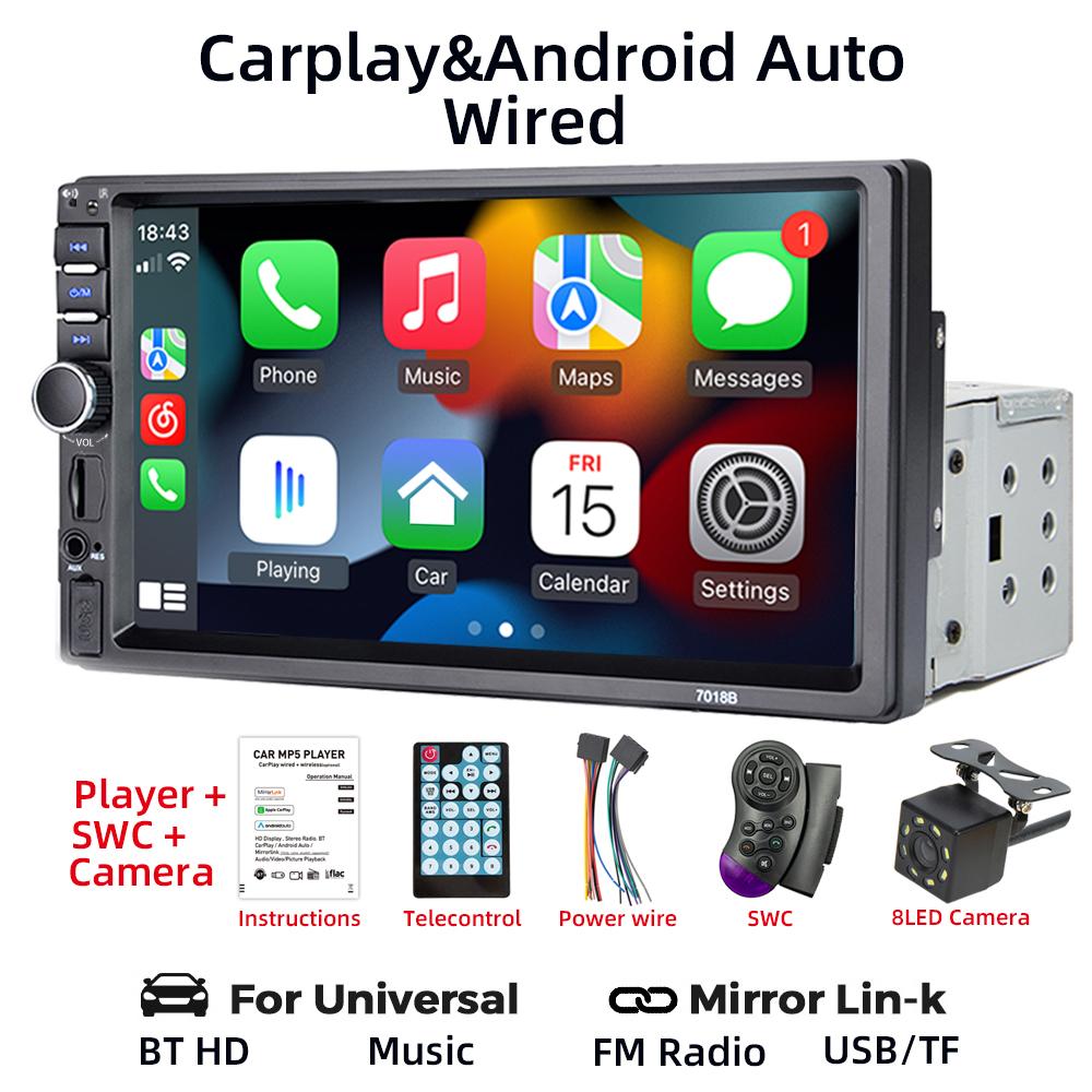 HIPPBQCC Автомагнитола 7" 1 DIN Carplay Android Auto Мультимедийный плеер HD Сенсорный экран FM AUX Вход Bluetooth MirrorLink Авторадио