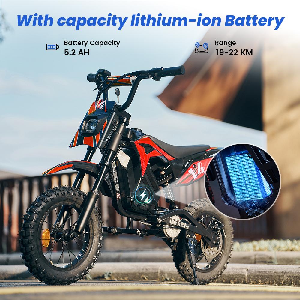 A14 Kids ELECTRIC DIRT BIKE 14 Inch 500W Motor 36V5.2Ah Battery 20-22km Range Shock Absorption, Bluetooth LED Lights