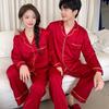 Premium Ice Silk Jacquard Couple Pajama Set - Long Sleeve, Long Pants, Plus Size, Men's & Women's Homewear