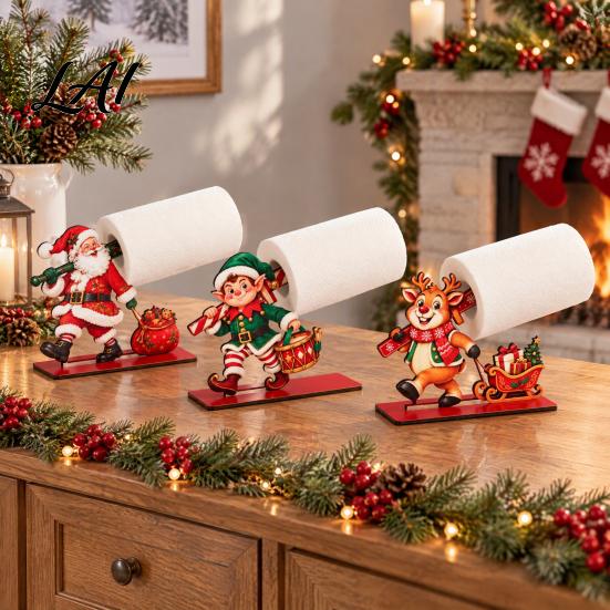 Cute Christmas Home Decor Paper Towel Holder 2D Flat Wooden Santa/Elf Boy/Reindeer Toilet Holder Stand Countertop Napkin Dispenser for Holiday