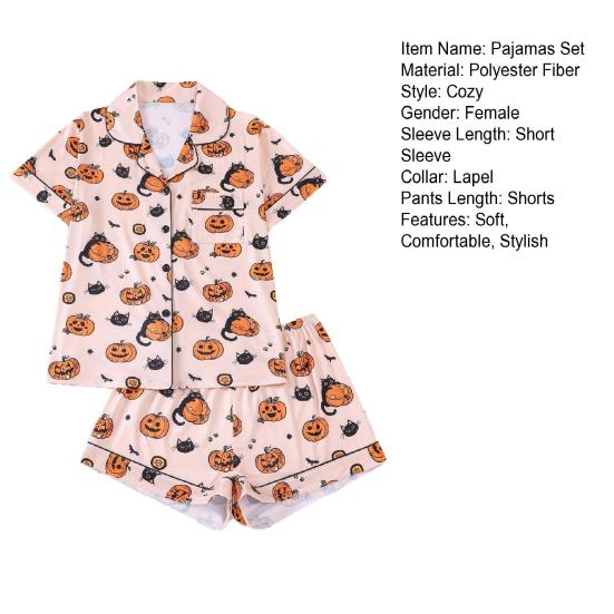 Комплекты пижам на Хэллоуин для женщин, рубашка с коротким рукавом на пуговицах, 2 предмета, одежда для сна, рубашка с принтом тыквы и шорты, пижама, домашний комплект