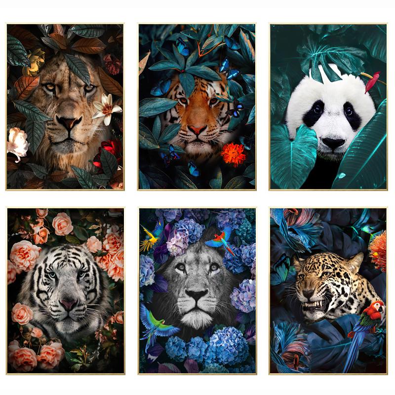 Лев и тигр цветы холст живопись животные Куадрос постеры и принты скандинавские настенные художественные картины для гостиной домашний декор