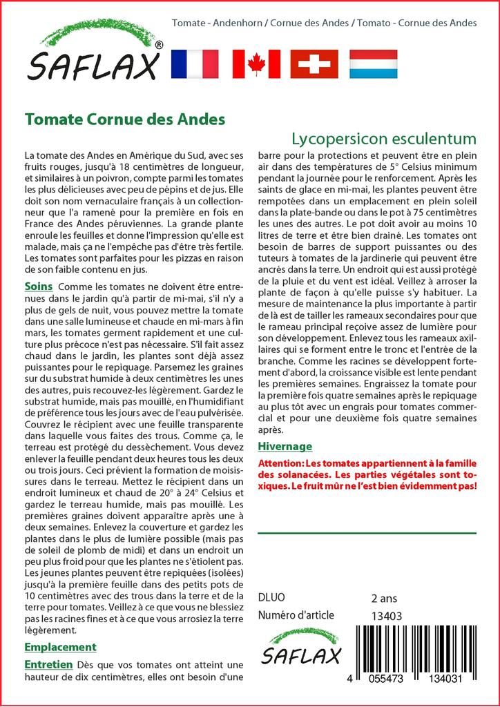 SAFLAX Помидор - Cornue des Andes - 10 семян - Lycopersicon esculentum