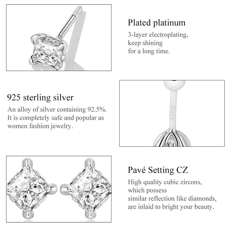 BAMOER 925 Sterling Silver Simple Square Zircon Stud Earrings for Women Trendy Shining Ear Studs Fine Jewelry Gift