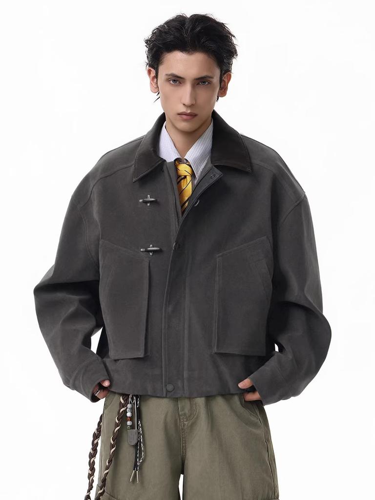 Men's Boxy Barn Jacket with Faux Leather Collar, Cargo Pockets, Flight Buckle, Loose Fit Casual Outerwear, Stylish Workwear Coat