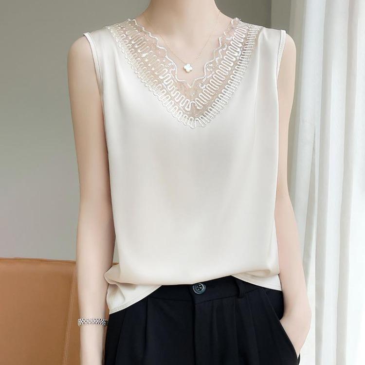 Summer Sleeveless Acetate Slimming Vest Top for Women Lace Flower V Neck Satin Solid Color New Base Suspender