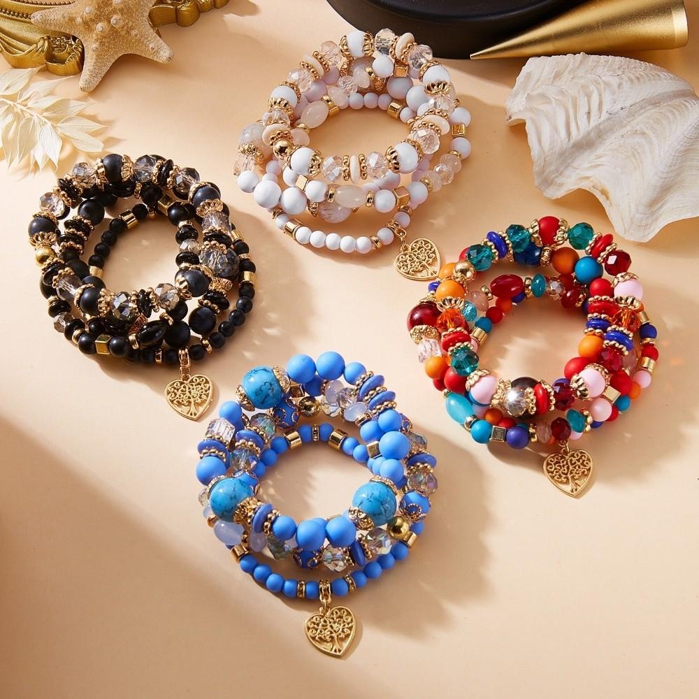 Ethnic Style Bohemian Beads Bracelet Heart Charm Multi-Layer Bracelets Women Bangle Set Gifts