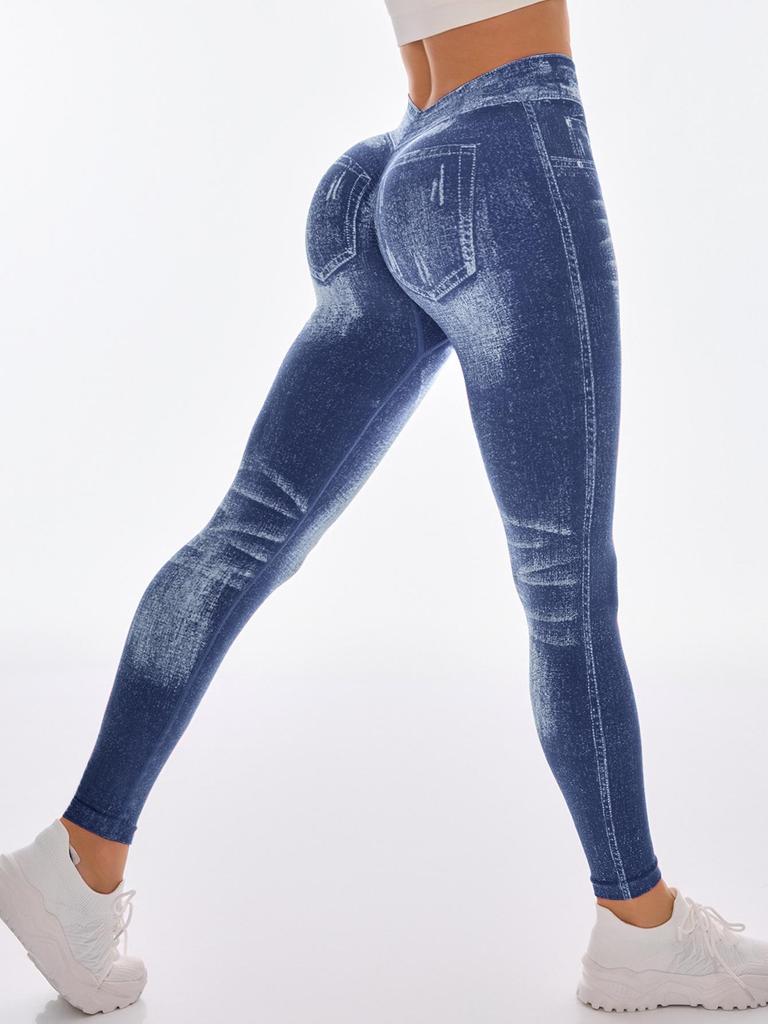 Бесшовные леггинсы для йоги с высокой талией и эффектом пуш-ап для женщин - Быстросохнущие, стройнящие, облегающие, в стиле денима, для бега и фитнеса