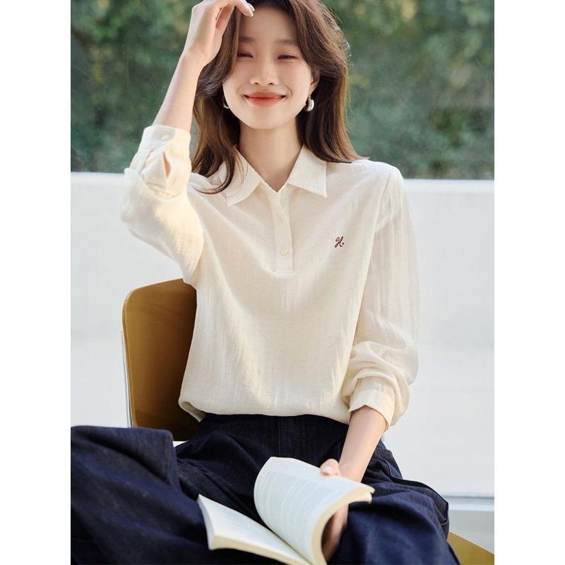 Temperament Versatile Embroidered Lightweight Long-sleeved Casual Shirt for Women 2025 Spring New Basic Classic Commuting