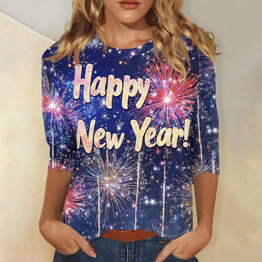 Женская мода повседневная новогодняя принтованная круглая горловина с рукавом три четверти топ Новый год 2025