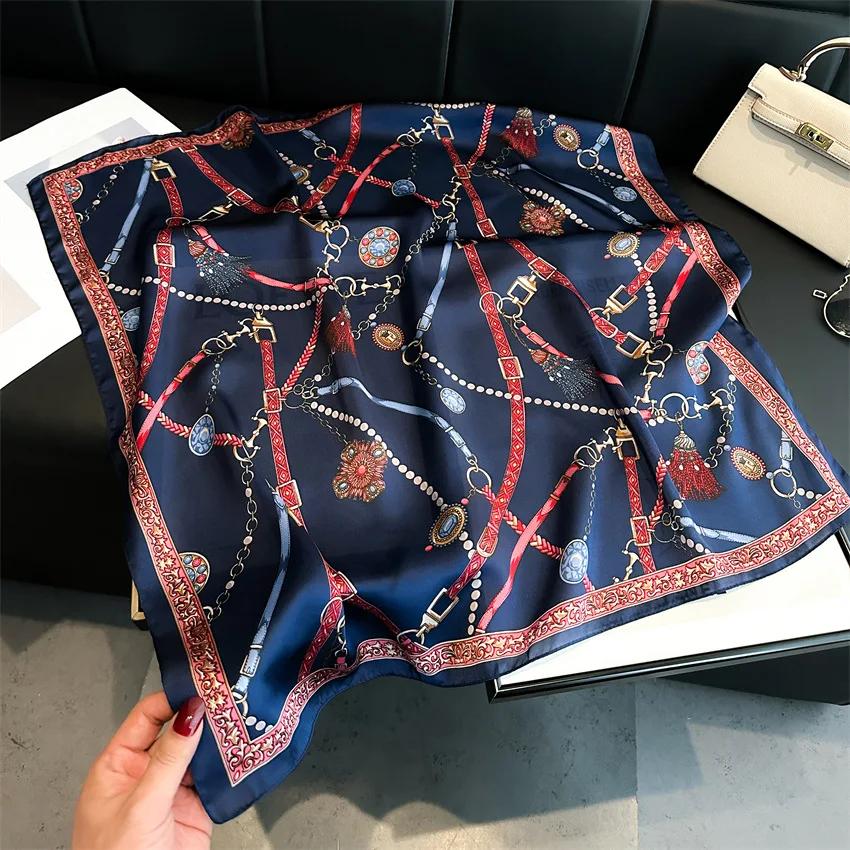 Luxury Design Chain Print Square Silk Scarf Lady Thin Neck Scarves Fashion Summer Sunscreen Headscarf For Women Bandana 70x70cm